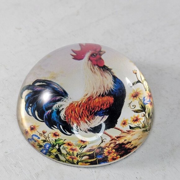 Decorative Glass Dome Paperweight Chicken Rooster Illustration Yellow Flowers - Picture 4 of 8